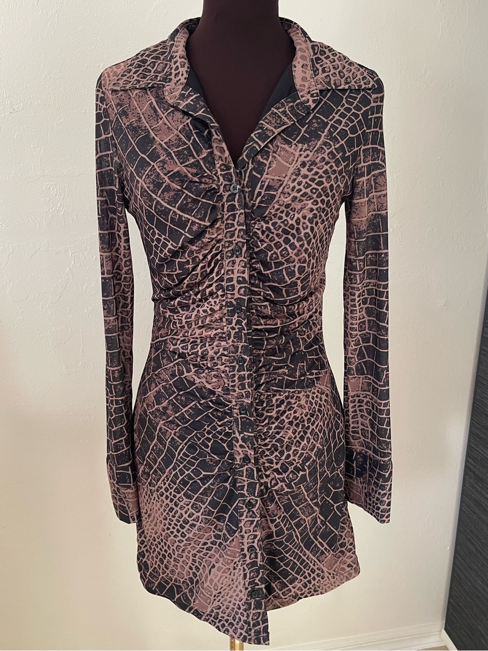 Fashion nova Long Sleeve Ruched Animal-Printbutton up Dress in Brown fall large